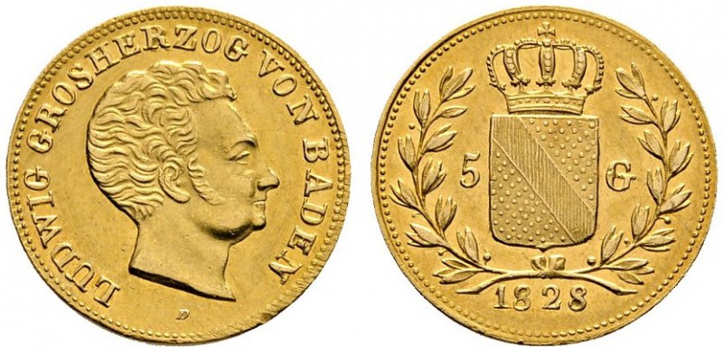 Altdeutsche Münzen und Medaillen 
 Baden-Durlach 
 Ludwig 1818-1830 
 5 Gulde...