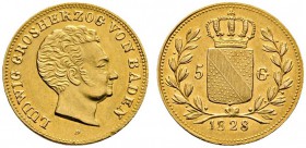 Altdeutsche Münzen und Medaillen 
 Baden-Durlach 
 Ludwig 1818-1830 
 5 Gulden 1828 -Karlsruhe-. Größerer Kopf mit &quot;Kraushaar&quot; nach recht...