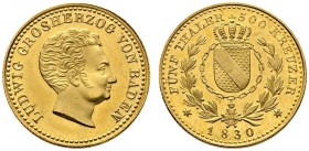 Altdeutsche Münzen und Medaillen 
 Baden-Durlach 
 Ludwig 1818-1830 
 5 Taler zu 500 Kreuzer 1830 -Karlsruhe-. Größerer Kopf mit &quot;Kraushaar&qu...