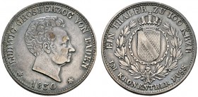 Altdeutsche Münzen und Medaillen 
 Baden-Durlach 
 Ludwig 1818-1830 
 Taler zu 100 Kreuzer 1830. AKS 53, J. 41, Thun 18.
 feine Patina, winzige Ra...