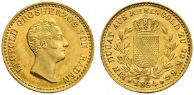 Altdeutsche Münzen und Medaillen 
 Baden-Durlach 
 Leopold 1830-1852 
 Rheingolddukat 1834. Kopf nach rechts, am Halsabschnitt die Signatur D des S...