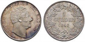 Altdeutsche Münzen und Medaillen 
 Baden-Durlach 
 Leopold 1830-1852 
 Gulden 1845. AKS 94, J. 56.
 feine Patina, minimale Kratzer, vorzüglich-Ste...