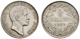 Altdeutsche Münzen und Medaillen 
 Baden-Durlach 
 Friedrich I. 1852-1907 
 1/2 Gulden 1863. AKS 127, J. 75b.
 Avers winzig justiert, vorzüglich-S...