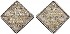 Altdeutsche Münzen und Medaillen 
 Brandenburg-Ansbach 
 Albrecht 1639-1667 
 Klippenförmige Silbermedaille 1650 von G.F. Nürnberger, auf den Westf...