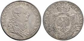 Altdeutsche Münzen und Medaillen 
 Brandenburg-Ansbach 
 Alexander 1757-1791 
 Konventionstaler 1780 -Schwabach-. Stempel von Götzinger. Geharnisch...