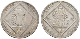Altdeutsche Münzen und Medaillen 
 Brandenburg-Ansbach 
 Alexander 1757-1791 
 30 Kreuzer 1760 -Schwabach-. Slg. Wilm. -, Slg. Grüber -.
 äußerst ...