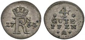 Altdeutsche Münzen und Medaillen 
 Brandenburg-Preußen 
 Friedrich II. 1740-1786 
 4 Gute Pfennig 1764 -Berlin-. Olding 280, v.Schr. 1388.
 sehr s...
