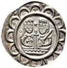 Altdeutsche Münzen und Medaillen 
 Donauwörth, königliche Münzstätte 
 Heinrich VI. 1190-1197 
 Brakteat. Die gekrönten Brustbilder des Königs und ...