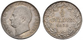 Altdeutsche Münzen und Medaillen 
 Hessen-Darmstadt 
 Ludwig II. 1830-1848 
 1/2 Gulden 1838. AKS 106, J. 37.
 feine Patina, minimale Kratzer, vor...