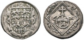 Altdeutsche Münzen und Medaillen 
 Hohenlohe 
 Gemeinschaftliche Prägungen 
 Dreier (1/84 Taler) 1600 -Nürnberg-. Vierfeldiges Wappen im verzierten...