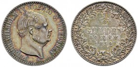 Altdeutsche Münzen und Medaillen 
 Hohenzollern-Sigmaringen 
 unter Preußen ab 1849 
 1/2 Gulden 1852 A. AKS 21, J. 22, Bahrf. 147.
 feine Patina,...