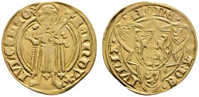Altdeutsche Münzen und Medaillen 
 Jülich 
 Reinald IV. 1402-1423 
 Goldgulden o.J. (1414/17). -Jülich-. Johannes der Täufer mit geschultertem Kreu...