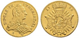 Altdeutsche Münzen und Medaillen 
 Jülich-Kleve-Berg 
 Karl Theodor 1742-1799 
 Dukat 1750 -Mannheim oder Düsseldorf-. Stempel von A. Schäffer. Geh...