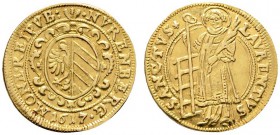Altdeutsche Münzen und Medaillen 
 Nürnberg, Stadt 
 Goldgulden 1617. Ovales Stadtwappen auf verzierter Kartusche / St. Laurentius nach links stehen...