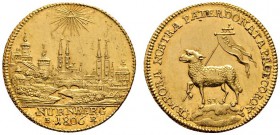 Altdeutsche Münzen und Medaillen 
 Nürnberg, Stadt 
 Dukat 1806. Stempel von J. Th. Stettner, auf den Frieden von Preßburg. Stadtansicht von Westen ...