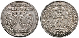 Altdeutsche Münzen und Medaillen 
 Nürnberg, Stadt 
 1/2 Reichsguldiner zu 30 Kreuzer 1612. Zwei Wappen über der römischen Jahreszahl / Gekrönter Do...