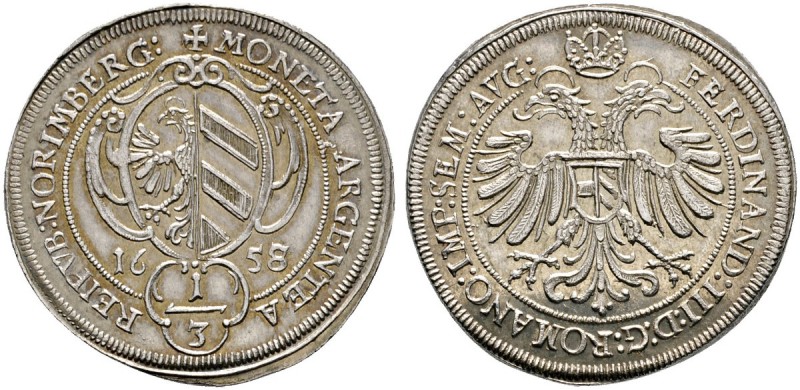 Altdeutsche Münzen und Medaillen 
 Nürnberg, Stadt 
 1/3 Taler 1658 (aus 1657 ...