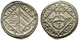 Altdeutsche Münzen und Medaillen 
 Nürnberg, Stadt 
 Dreier 1659. Wappenschild in verzierter Raute / Reichsapfel mit Wertzahl &quot;3&quot; zwischen...