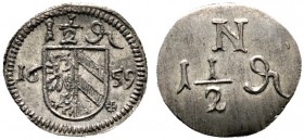 Altdeutsche Münzen und Medaillen 
 Nürnberg, Stadt 
 1 1/2 Pfennige 1659. Wappenschild zwischen der geteilten Jahreszahl, darüber Wertangabe, unten ...