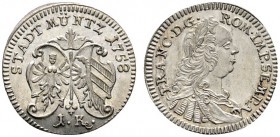 Altdeutsche Münzen und Medaillen 
 Nürnberg, Stadt 
 Kreuzer, sogen. Kopfkreuzer 1758. Zwei Stadtschilde nebeneinander, darunter die Wertangabe / Be...