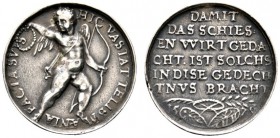 Altdeutsche Münzen und Medaillen 
 Nürnberg, Stadt 
 Silbermedaille 1579 von V. Maler, auf das Kranzschießen. Cupido mit Bogen, Köcher und Siegeskra...