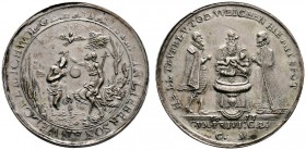 Altdeutsche Münzen und Medaillen 
 Nürnberg, Stadt 
 Silbermedaille 1615 von Chr. Maler, auf die Taufe. Taufe Christi im Jordan / Kindstaufe vor Bec...