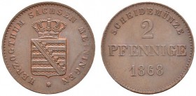 Altdeutsche Münzen und Medaillen 
 Sachsen-Meiningen 
 Georg II. 1866-1914 
 Cu-2 Pfennige 1868. AKS 220, J. 448.
 Prachtexemplar, fast Stempelgla...