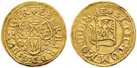 Altdeutsche Münzen und Medaillen 
 Württemberg 
 Eberhard III. 1633-1674 
 1/2 Dukat o.J. Um ein kleines Dreiblatt die Schilde mit den Wappen von W...