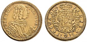 Altdeutsche Münzen und Medaillen 
 Württemberg 
 Eberhard Ludwig 1693-1733 
 1/2 Karolin 1732. KR 25, Ebner 205, Fr. 3585, Slg. Hermann -. 4,85 g
...