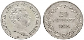 Altdeutsche Münzen und Medaillen 
 Württemberg 
 Wilhelm I. 1816-1864 
 20 Kreuzer 1818. Lorbeerkranz auf Revers oben offen. KR 54, AKS 88, J. 35....