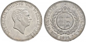 Altdeutsche Münzen und Medaillen 
 Württemberg 
 Wilhelm I. 1816-1864 
 Doppelgulden 1824. Variante ohne Punkt nach W und ohne P.B. KR 69.1b, AKS 7...