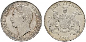 Altdeutsche Münzen und Medaillen 
 Württemberg 
 Wilhelm I. 1816-1864 
 Doppelgulden 1845. KR 91, AKS 76, J. 72, Thun 437, Kahnt 589.
 feine Patin...