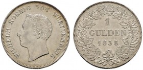 Altdeutsche Münzen und Medaillen 
 Württemberg 
 Wilhelm I. 1816-1864 
 Gulden 1838 (aus 1837 im Stempel geändert) von A. Dietelbach. Mit Signatur ...