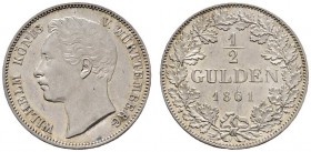 Altdeutsche Münzen und Medaillen 
 Württemberg 
 Wilhelm I. 1816-1864 
 1/2 Gulden 1861. KR 109.3, AKS 86, J. 69b.
 vorzüglich-Stempelglanz