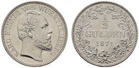 Altdeutsche Münzen und Medaillen 
 Württemberg 
 Karl 1864-1891 
 1/2 Gulden 1871. KR 115.5, AKS 127, J. 84.
 fast Stempelglanz