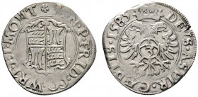 Altdeutsche Münzen und Medaillen 
 Württemberg-Mömpelgard 
 Friedrich 1581-1608 
 3 Kreuzer 1585 -Mömpelgard-. Quadriertes Wappen / Gekrönter Doppe...