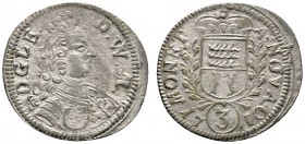 Altdeutsche Münzen und Medaillen 
 Württemberg-Mömpelgard 
 Leopold Eberhard 1699-1723 
 3 Kreuzer 1710 -Mömpelgard-. Klein 69, Ebner 71, Debard 54...