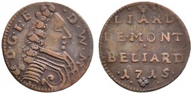 Altdeutsche Münzen und Medaillen 
 Württemberg-Mömpelgard 
 Leopold Eberhard 1699-1723 
 Cu-Liard 1715 -Mömpelgard-. Klein 76b var. (mit M.), Ebner...