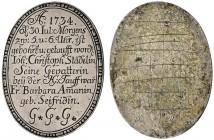 Thematische Medaillen 
 Miscellanea 
 Hochovale Silbermedaille (1734) unsigniert, auf die Geburt und die Taufe von Johann Christoph Städel. Zehn Zei...