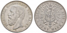 Deutsche Münzen und Medaillen ab 1871 
 Silbermünzen des Kaiserreiches 
 Baden 
 Friedrich I. 1852-1907 
 5 Mark 1876 G. J. 27.
 überdurchschnitt...