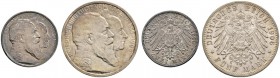 Deutsche Münzen und Medaillen ab 1871 
 Silbermünzen des Kaiserreiches 
 Baden 
 Friedrich I. 1852-1907 
 Lot (2 Stücke). 2 und 5 Mark 1906. Golde...