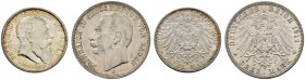 Deutsche Münzen und Medaillen ab 1871 
 Silbermünzen des Kaiserreiches 
 Baden 
 Friedrich I. 1852-1907 
 Lot (2 Stücke): 2 Mark 1907. Auf seinen ...