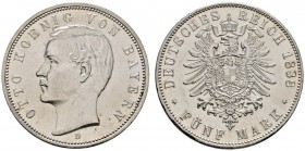 Deutsche Münzen und Medaillen ab 1871 
 Silbermünzen des Kaiserreiches 
 Bayern 
 Otto 1888-1913 
 5 Mark 1888 D. J. 44.
 minimale Kratzer auf de...