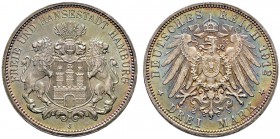 Deutsche Münzen und Medaillen ab 1871 
 Silbermünzen des Kaiserreiches 
 Hamburg 
 3 Mark 1912 J. J. 64.
 Prachtexemplar mit herrlicher Patina, fa...