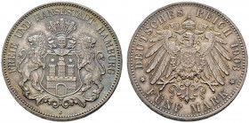 Deutsche Münzen und Medaillen ab 1871 
 Silbermünzen des Kaiserreiches 
 Hamburg 
 5 Mark 1903 J. J. 65.
 herrliche Patina, vorzüglich-Stempelglan...