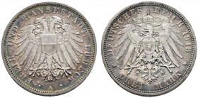Deutsche Münzen und Medaillen ab 1871 
 Silbermünzen des Kaiserreiches 
 Lübeck 
 3 Mark 1913 A. J. 82.
 feine Patina, minimale Randfehler, fast v...