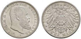 Deutsche Münzen und Medaillen ab 1871 
 Silbermünzen des Kaiserreiches 
 Württemberg 
 Wilhelm II. 1891-1918 
 2 Mark 1912 F. J. 174.
 vorzüglich...