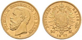 Deutsche Münzen und Medaillen ab 1871 
 Reichsgoldmünzen 
 Baden 
 Friedrich I. 1852-1907 
 20 Mark 1872 G. J. 184.
 vorzüglich