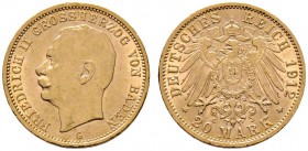 Deutsche Münzen und Medaillen ab 1871 
 Reichsgoldmünzen 
 Baden 
 Friedrich II. 1907-1918 
 20 Mark 1912 G. J. 192.
 minimale Kratzer und Randfe...