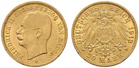 Deutsche Münzen und Medaillen ab 1871 
 Reichsgoldmünzen 
 Baden 
 Friedrich II. 1907-1918 
 20 Mark 1913 G. J. 192.
 winzige Randfehler, vorzügl...